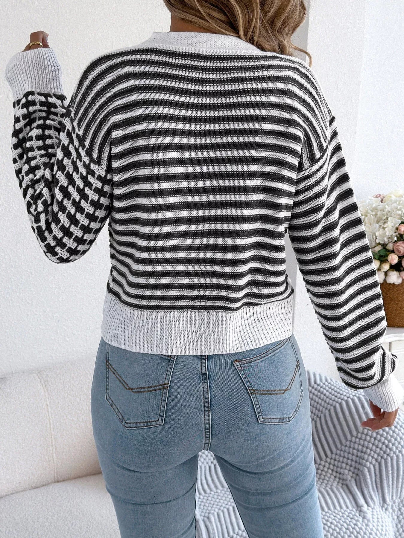 Striped Button-Up Cropped Cardigan OutfitFlow