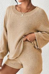 Round Neck Drop Shoulder Top and Shorts Sweater Set