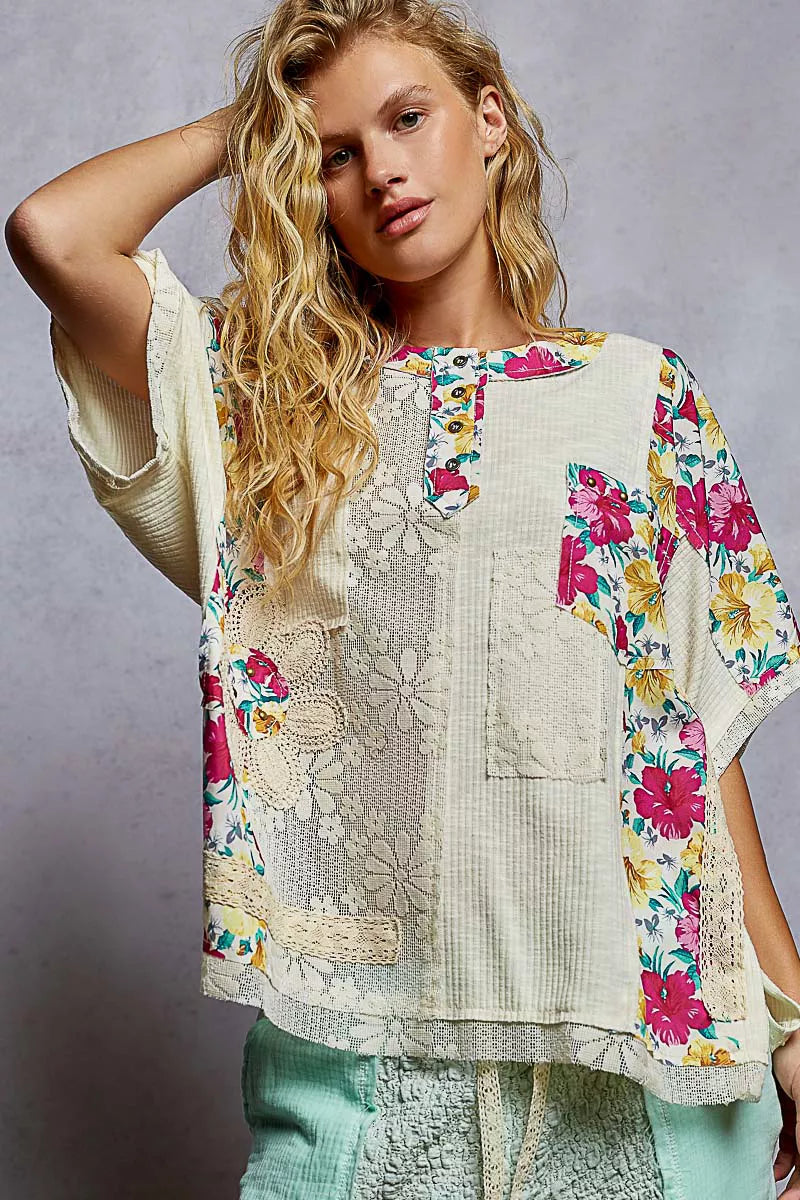 POL Lace Round Neck Short Sleeve Floral Pattern Top with Patch Detail NATURAL OutfitFlow
