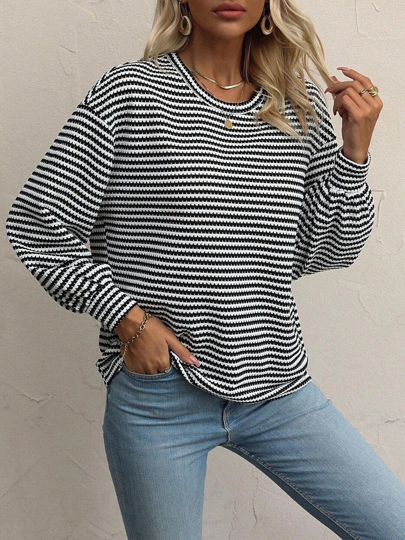 Striped Round Neck Lantern Sleeve Top OutfitFlow