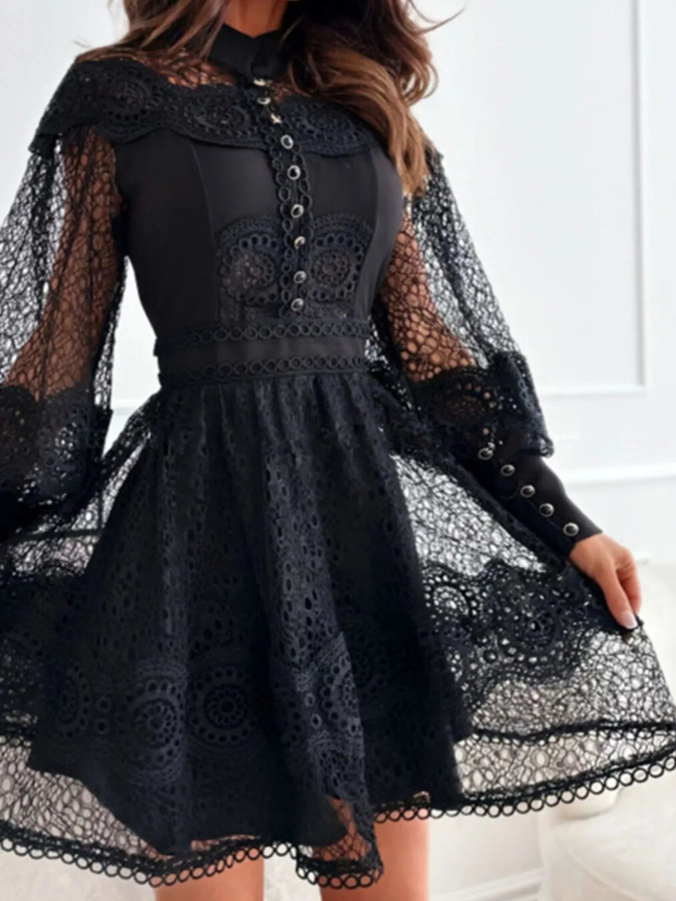 Lace Lantern Sleeve Mini Dress OutfitFlow