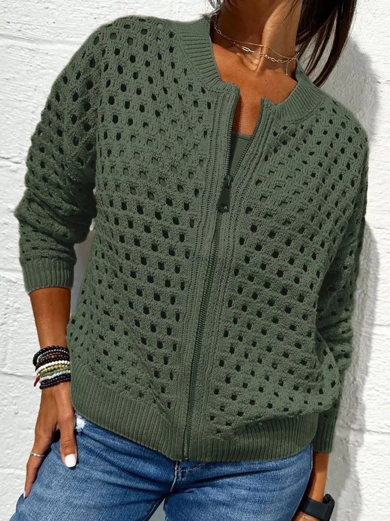 Full Size Zip Up Long Sleeve Cardigan with Eyelet Detail Plus Size Green OutfitFlow