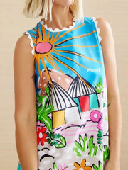 Printed Round Neck Sleeveless Mini Dress OutfitFlow