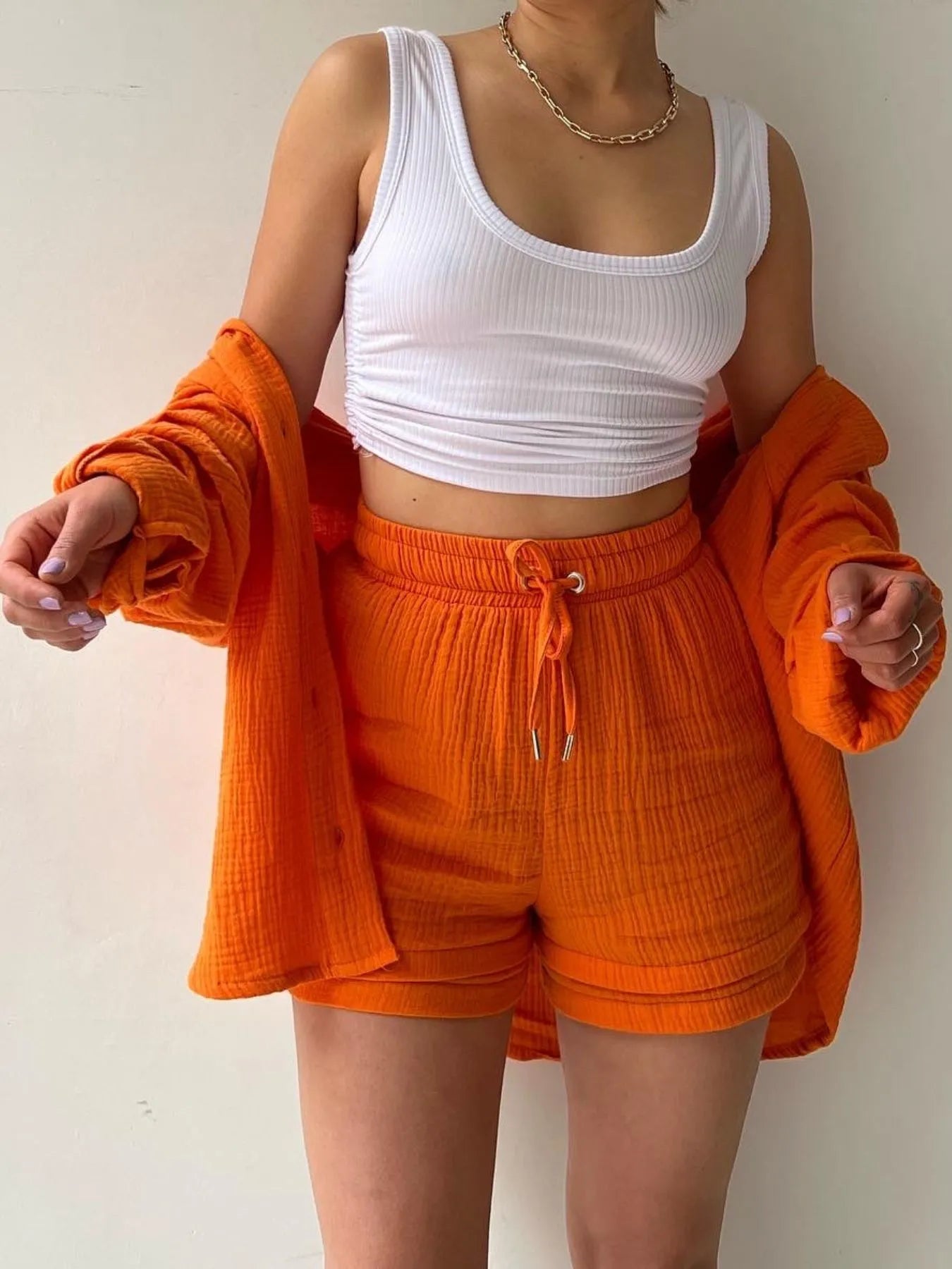 Textured Button Up Shirt and Shorts Set OutfitFlow
