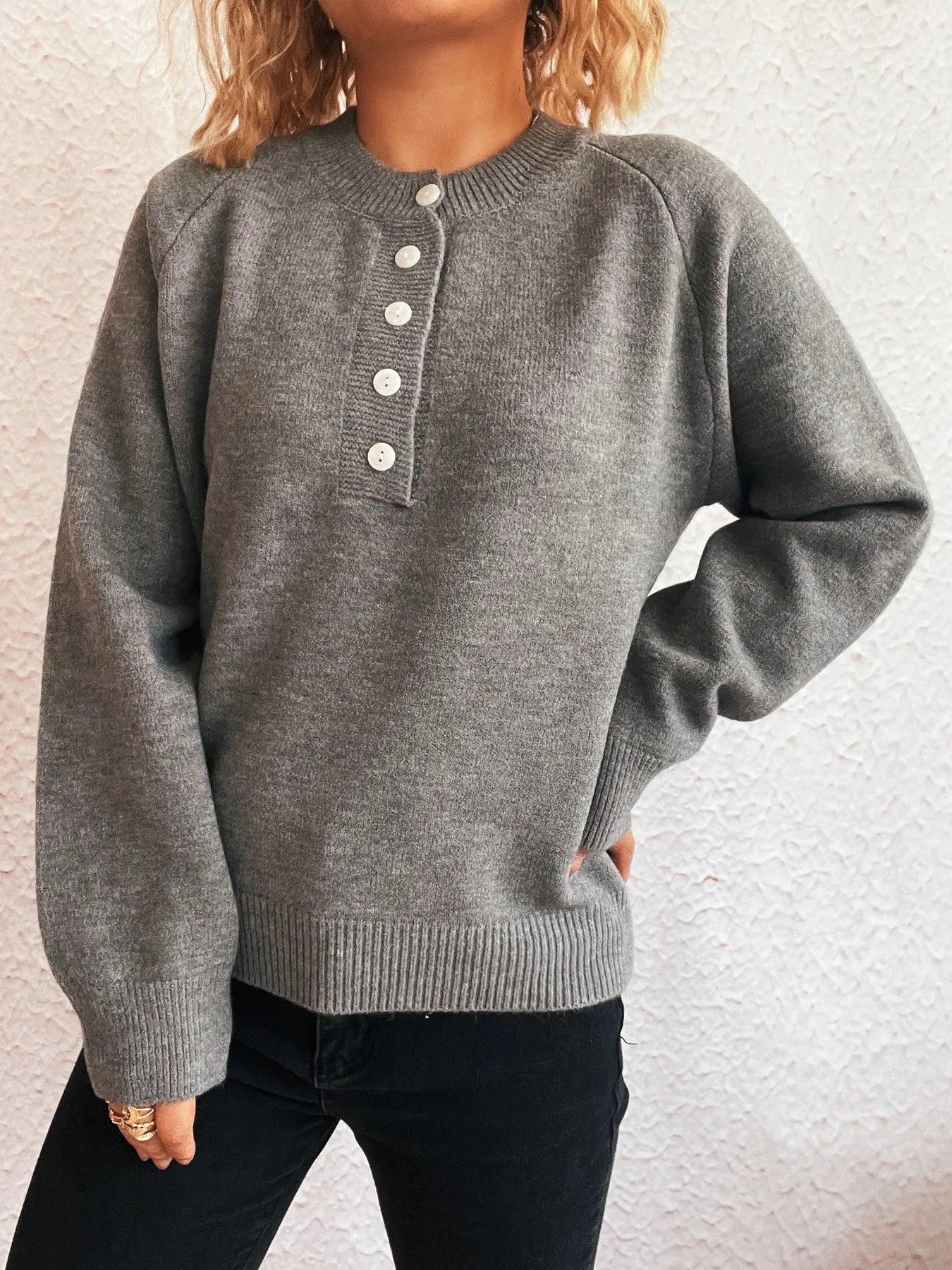 Button-Front Long Sleeve Sweater Grey One Size OutfitFlow