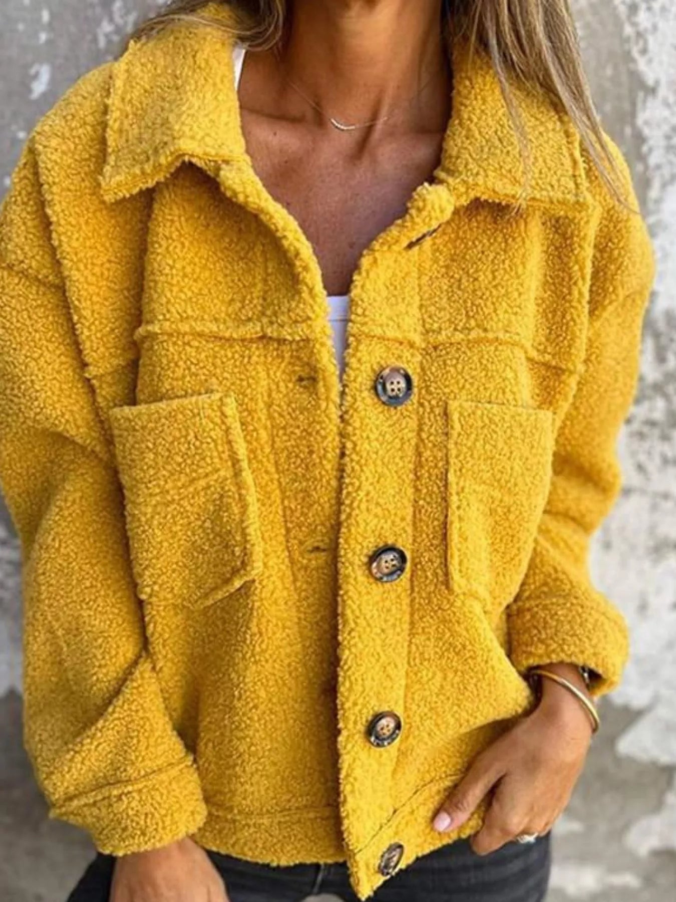 Full Size Single-Breasted Sherpa Shacket Plus Size Yellow OutfitFlow