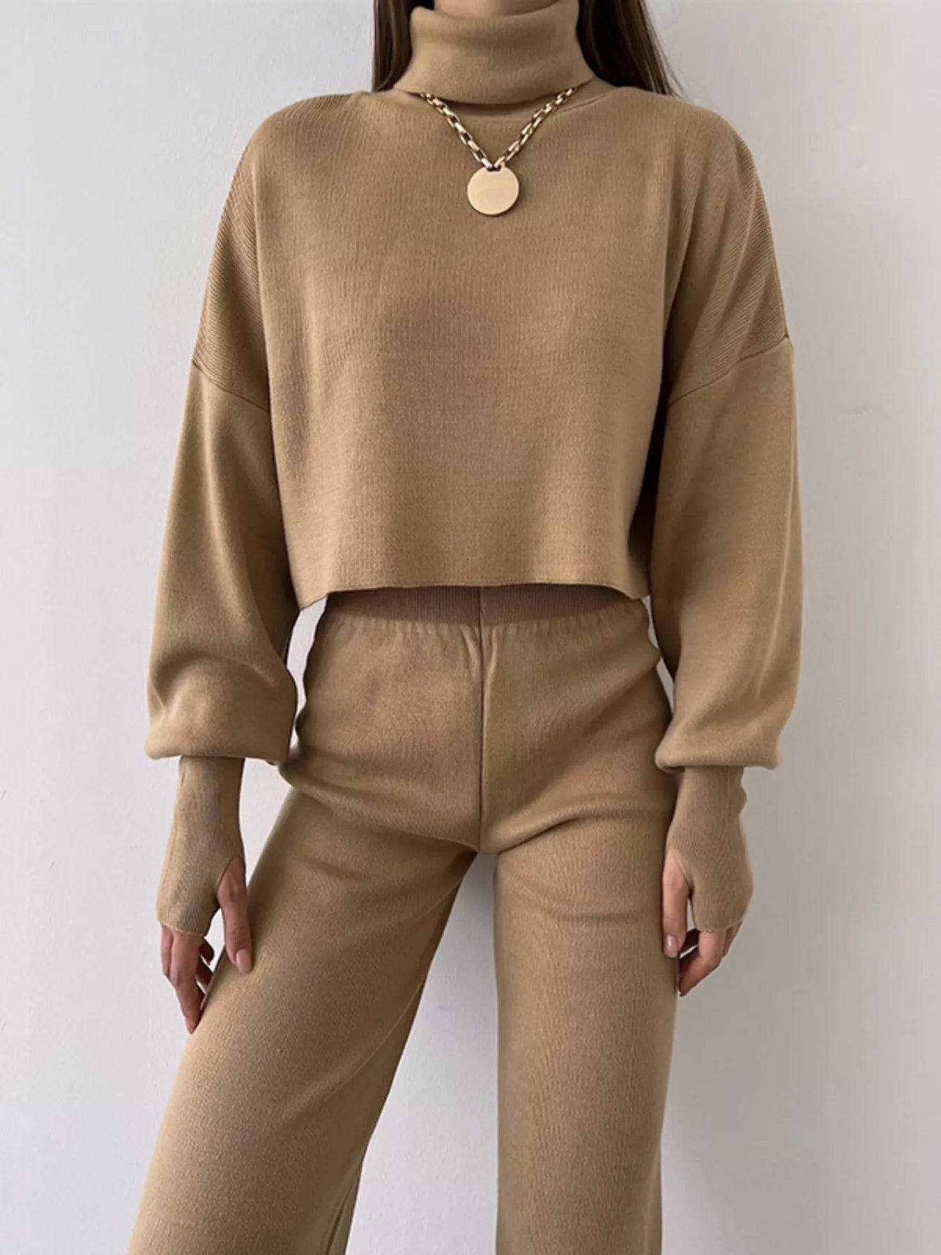 Turtleneck Long Sleeve Top & Pants Set OutfitFlow