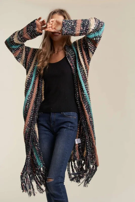ADORA Multi Colour Sweater Long Cardigan with Fringes OutfitFlow