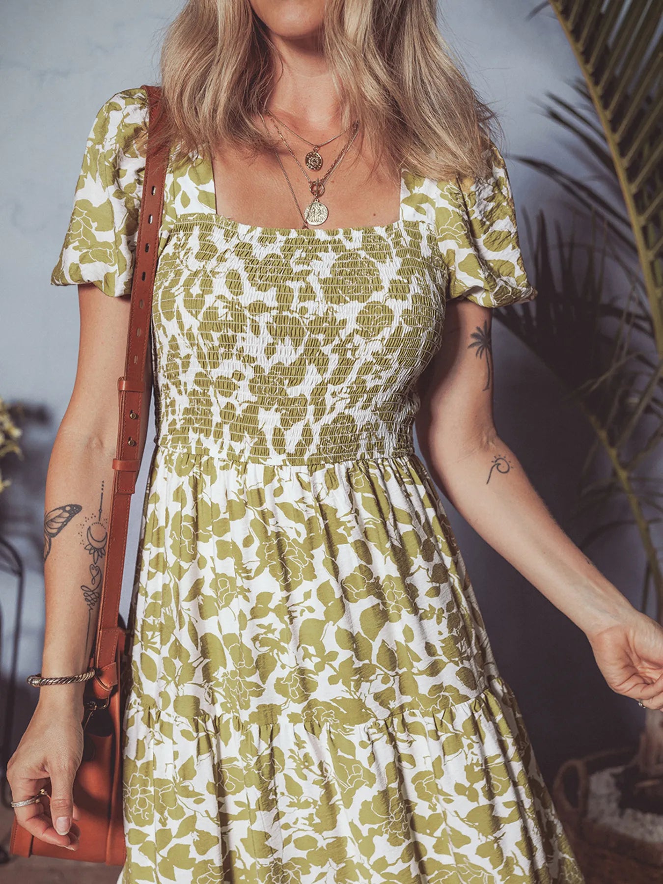 Boho Floral Square Neck Smocked Bust Puff Sleeve Tiered Dress OutfitFlow