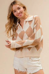 BiBi Diamond Pattern Collared Notch Neck Sweater OutfitFlow