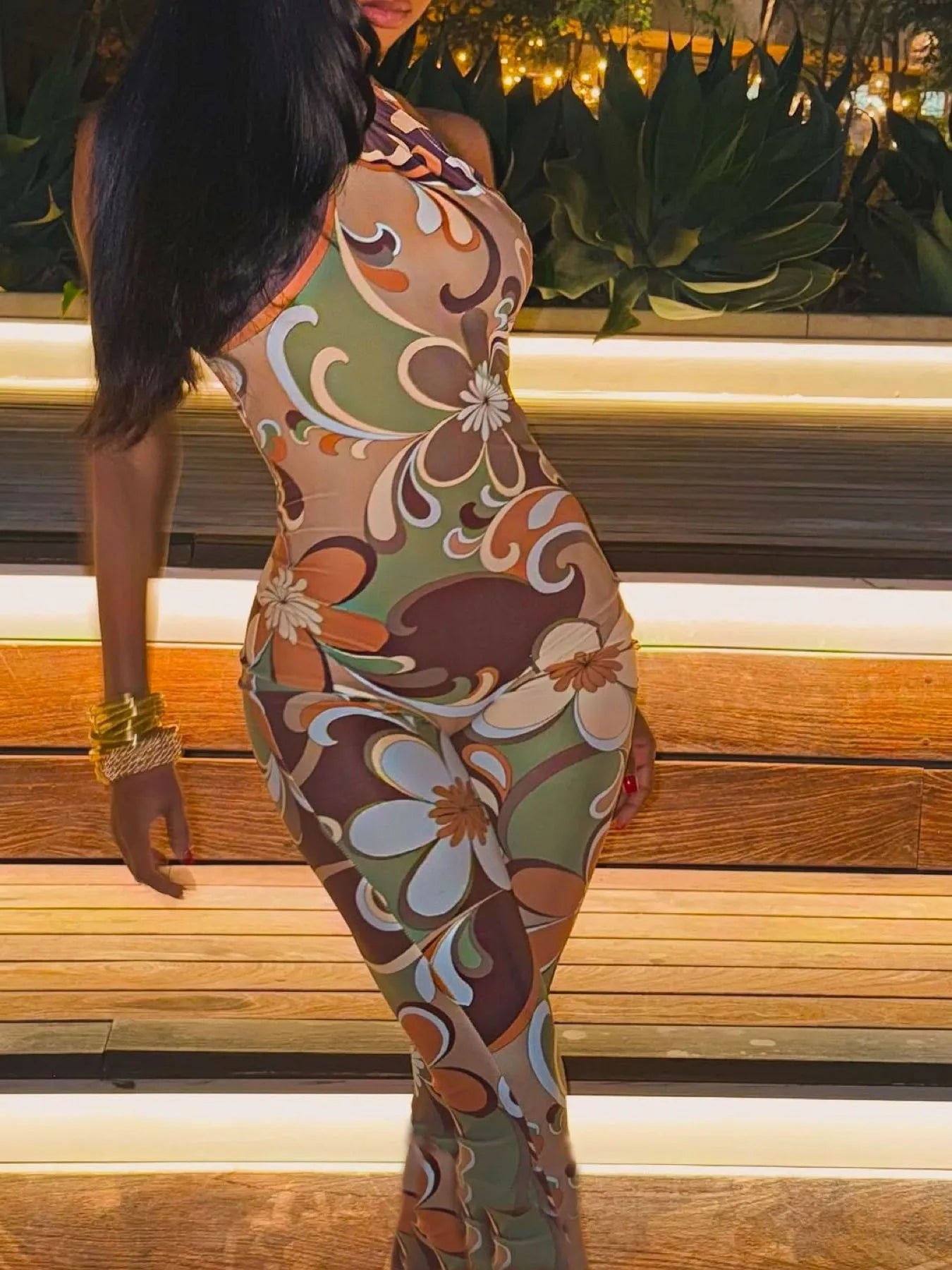 Tropical Print Halter Neck Bodycon Jumpsuit Khaki OutfitFlow