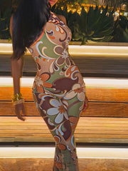 Tropical Print Halter Neck Bodycon Jumpsuit Khaki OutfitFlow