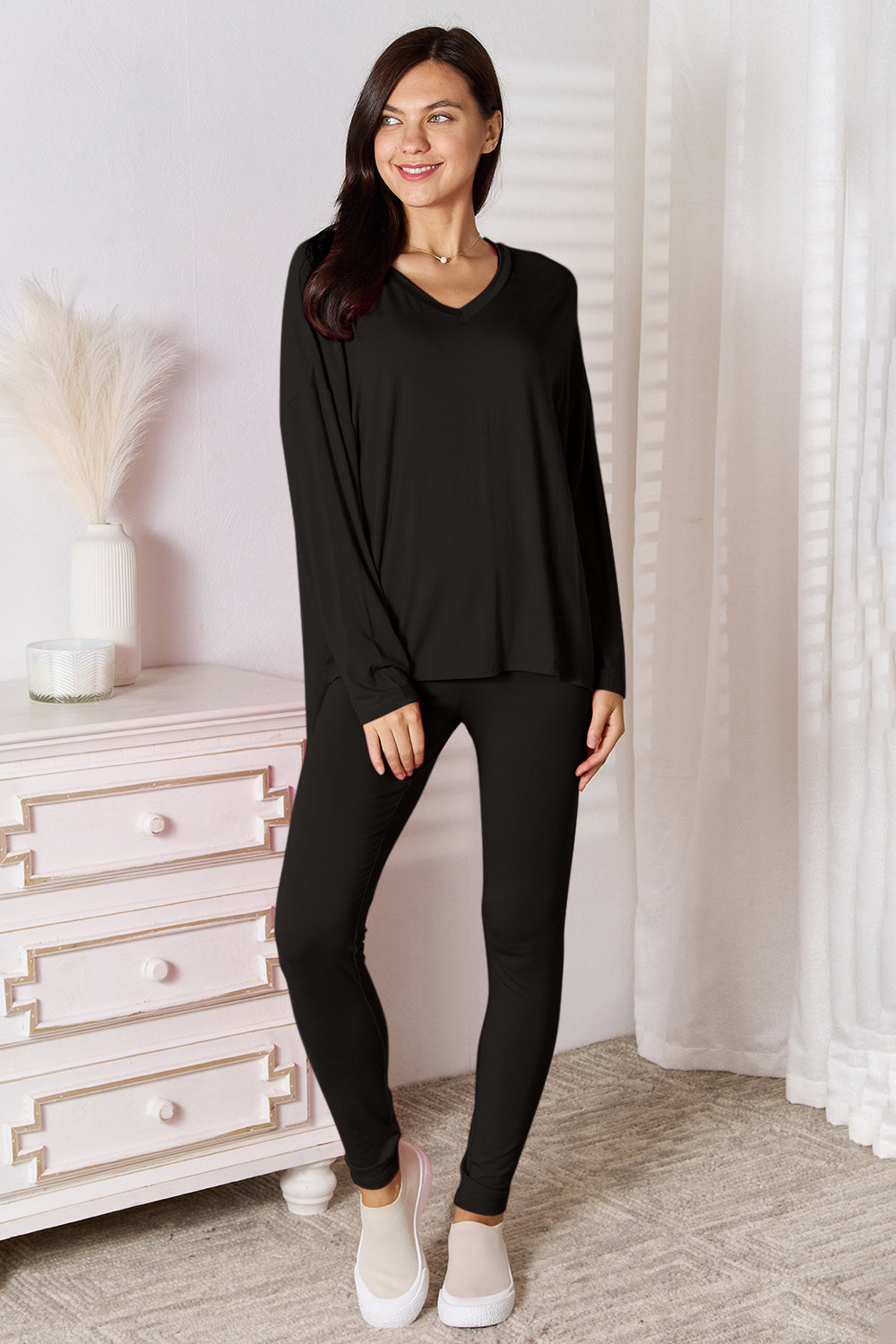 Basic Bae Full Size V-Neck Soft Rayon Long Sleeve Top and Pants Lounge Set Black OutfitFlow