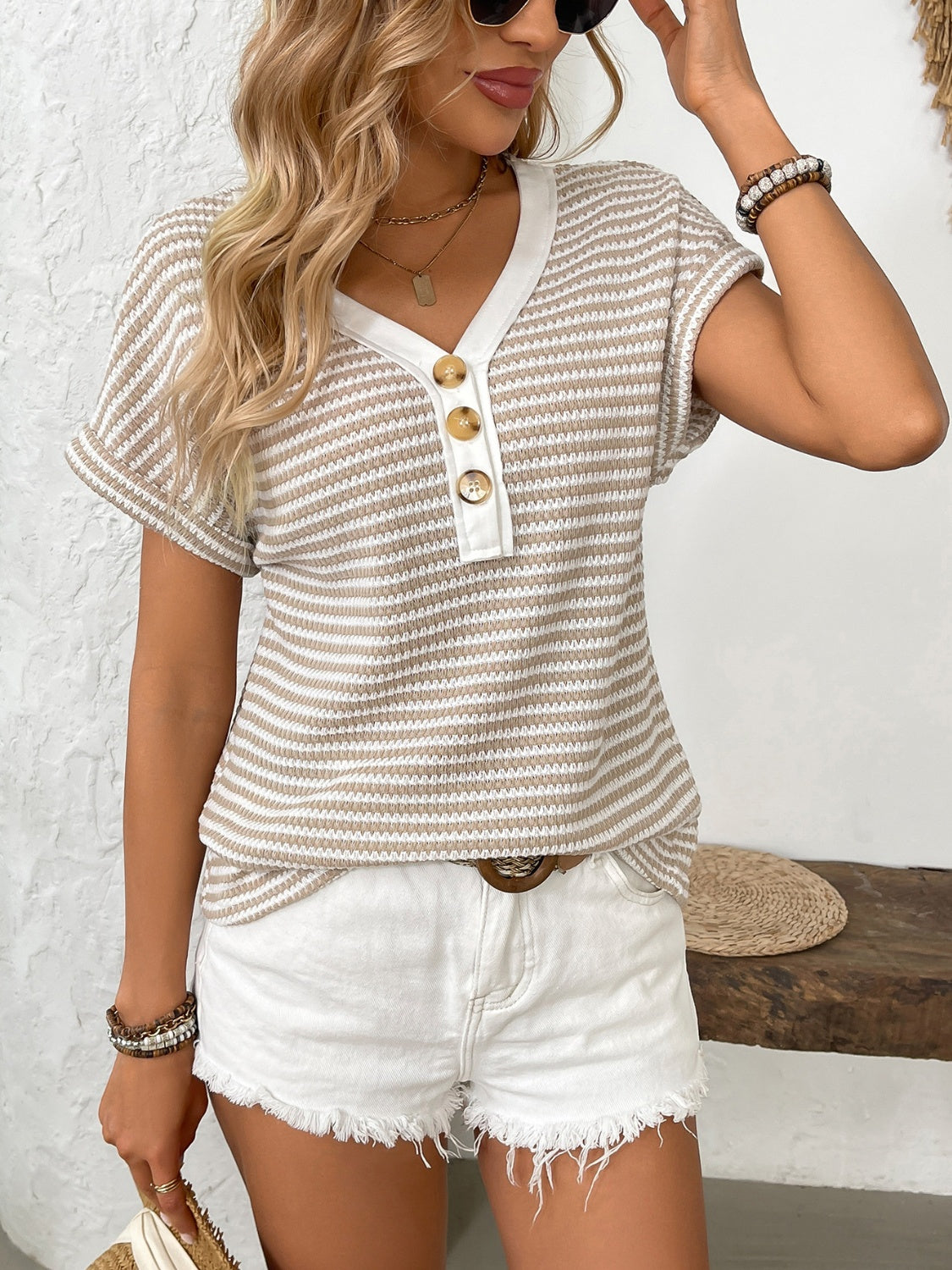 Outfit Flow - Striped V-Neck Short Sleeve T-Shirt