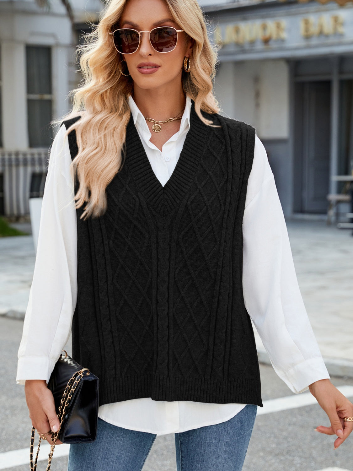 Outfit Flow - Cable Knit V-Neck Sweater Vest