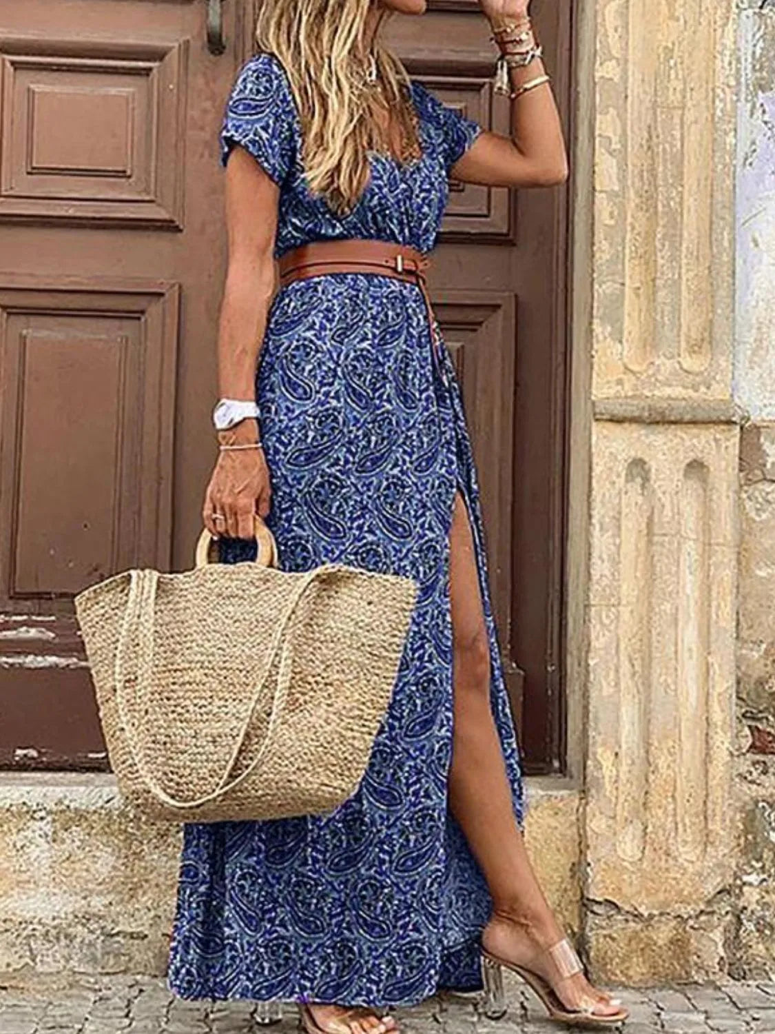 Full Size Printed V-Neck Short Sleeve Maxi Dress Plus Size Burgundy OutfitFlow