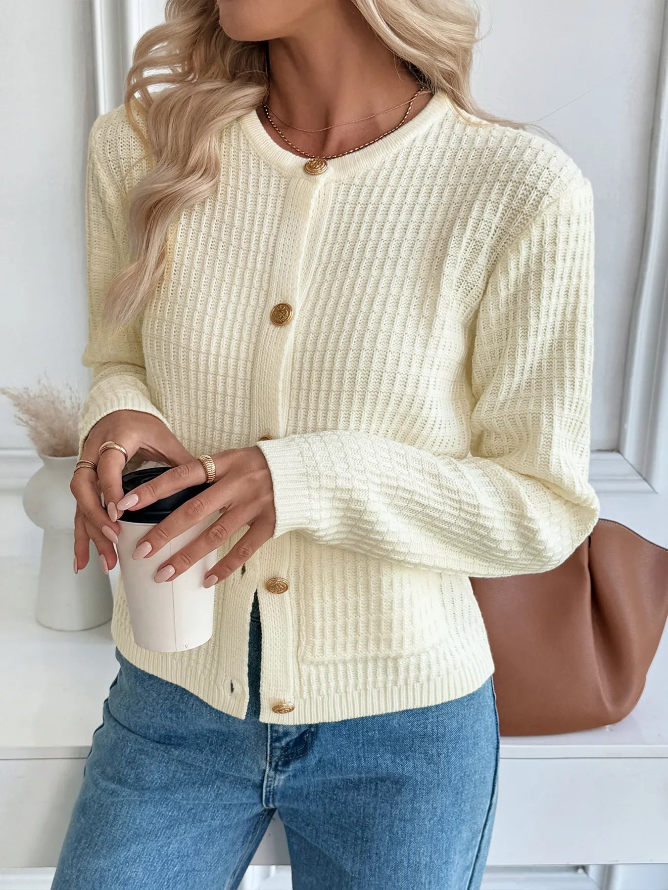 Button-Up Long Sleeve Cardigan with Pockets OutfitFlow