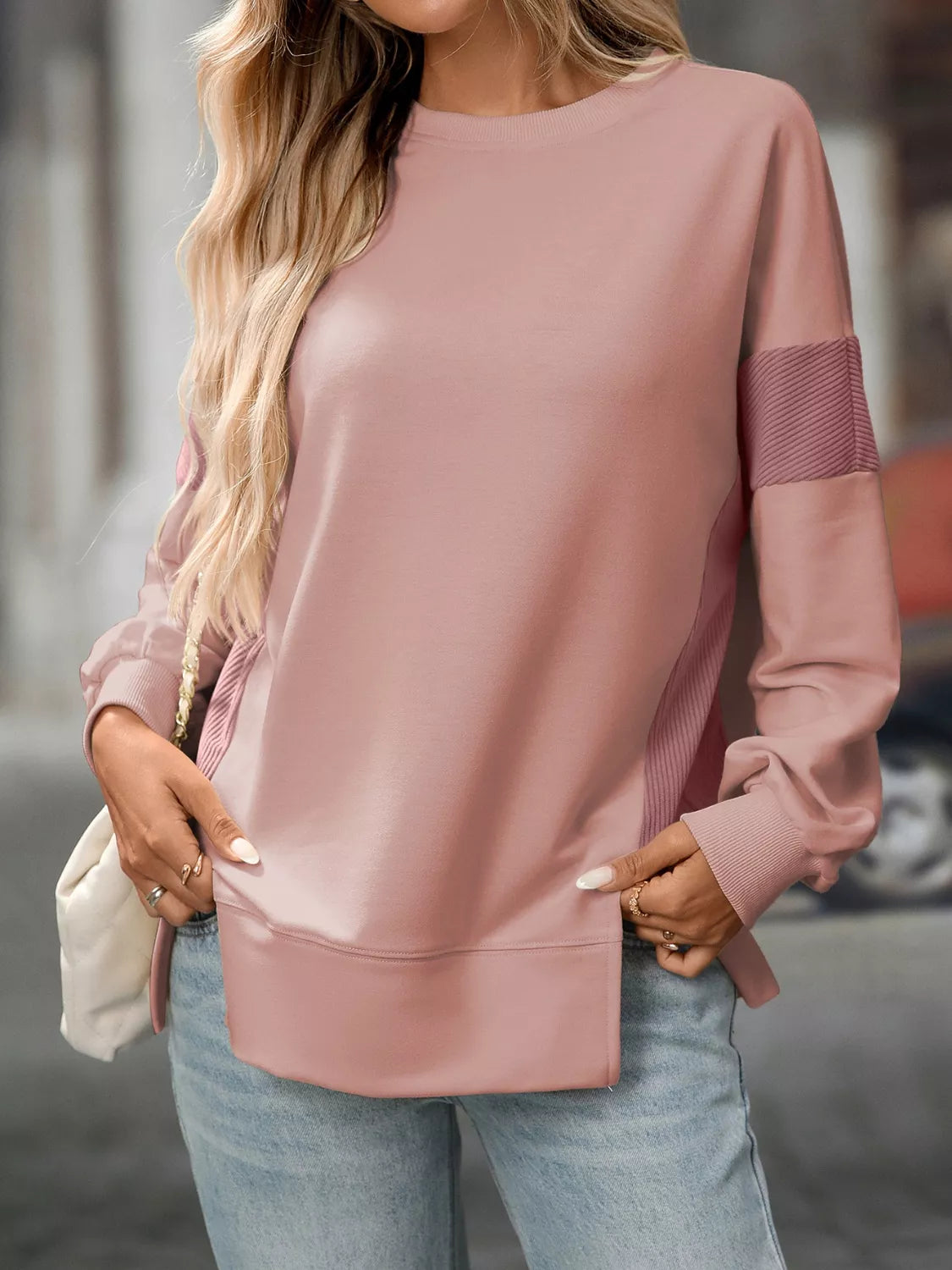 Side Slit Round Neck Sweatshirt Dusty Pink OutfitFlow