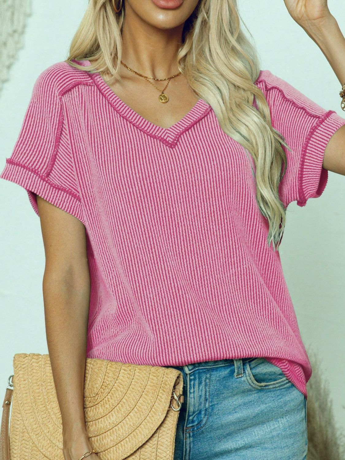 Exposed Seam V-Neck Short Sleeve Top OutfitFlow