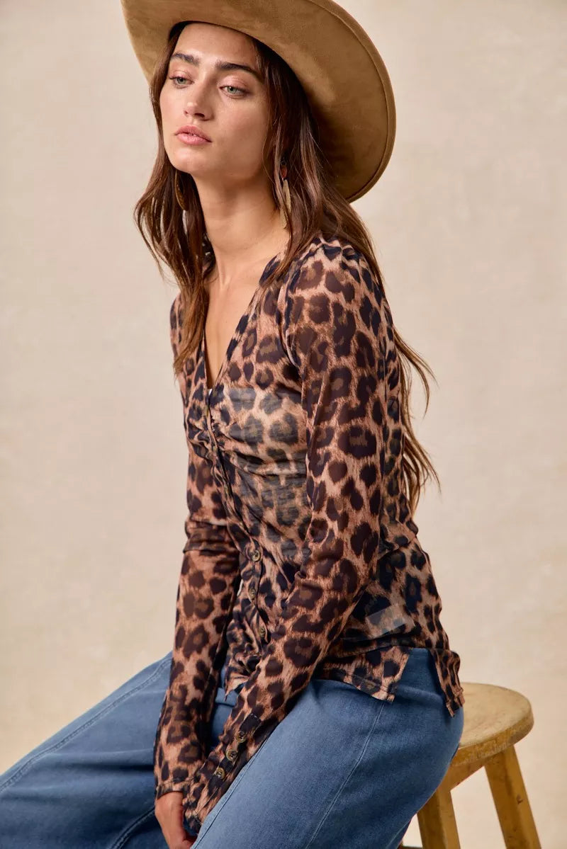 BiBi Leopard Printed Mesh Shirt With Button Up V Neck OutfitFlow