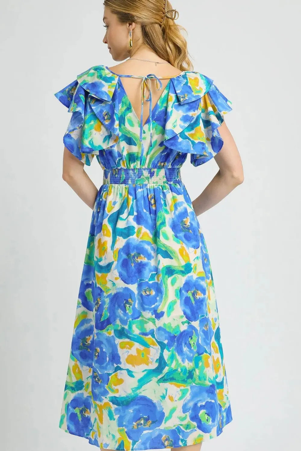 Umgee Floral Ruffled Cap Sleeve Midi Dress OutfitFlow