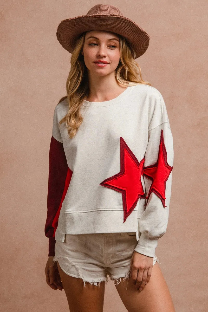 BiBi Star Patch And Spliced Hemline French Terry Long Sleeve Sweatshirt OutfitFlow