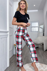 Outfit Flow - Lettuce Trim Cropped T-Shirt and Plaid Pants Lounge Set