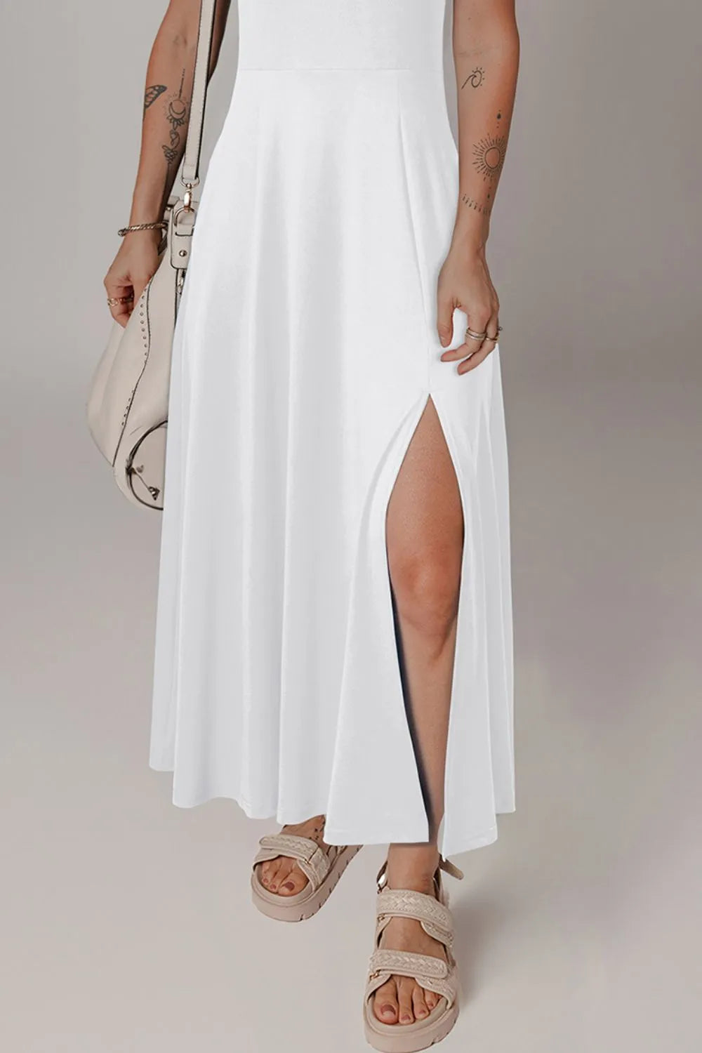 Side Slit Scoop Neck Wide Strap Dress OutfitFlow