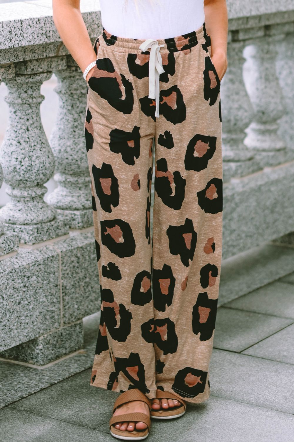 Outfit Flow - Leopard Drawstring Wide Leg Pants with Pockets