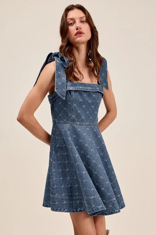 SO ME A Line Fit and Flare Diamond Bow Ribbon Denim Dres OutfitFlow