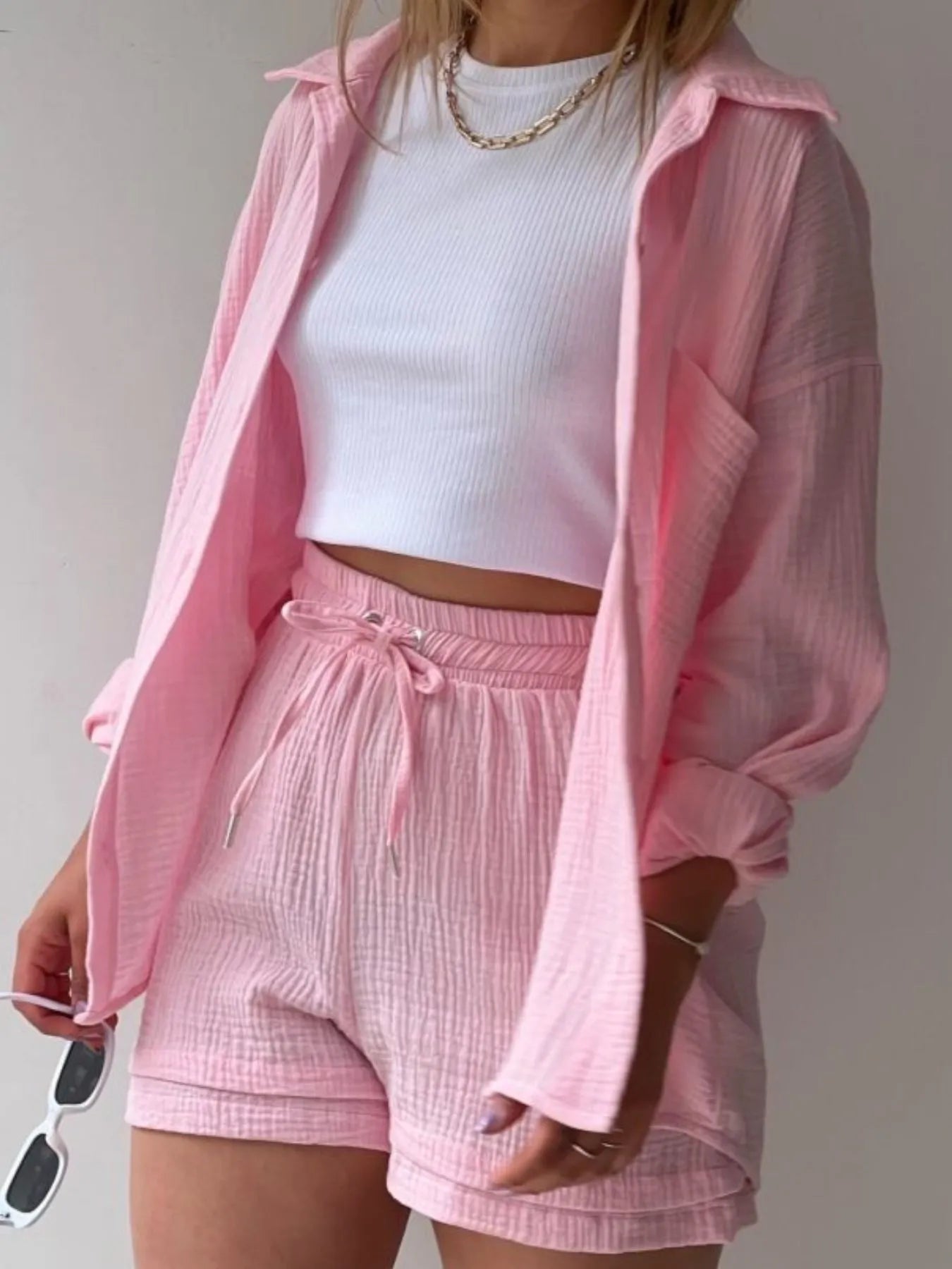 Textured Button Up Shirt and Shorts Set OutfitFlow
