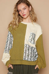 Outfit Flow - POL Exposed Seam Floral Patch Color Block Round Neck Sweatshirt