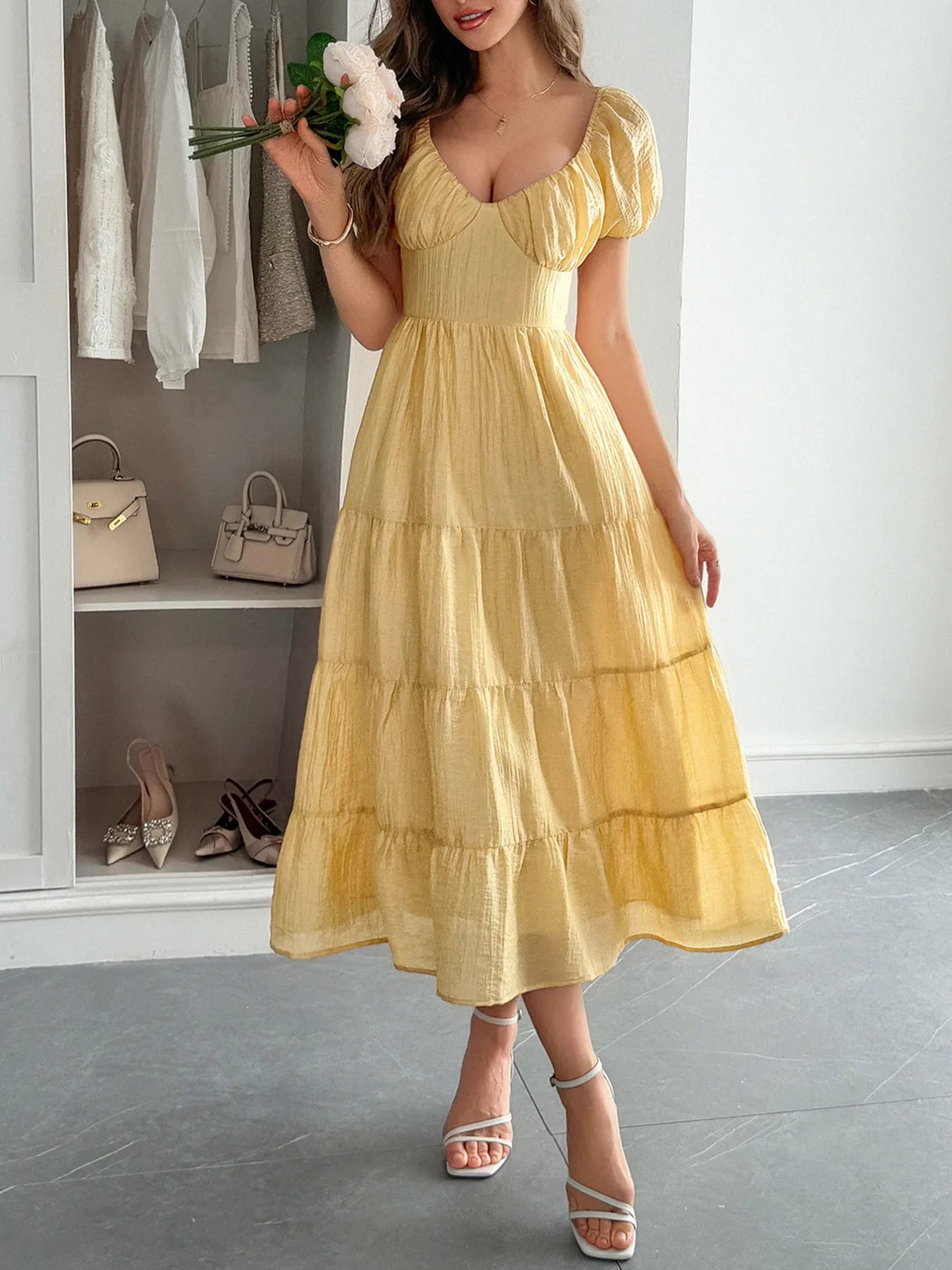 V-Neck Short Sleeve Midi Dress Yellow OutfitFlow