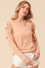 BiBi Triblend V Neck Top with Shoulder Shrring Detail OutfitFlow