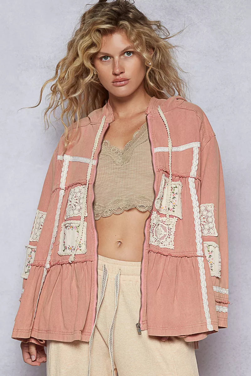 POL Embroidered Patch Hooded Jacket with Lace Detail DUSTY PINK OutfitFlow