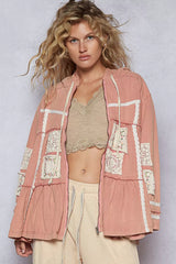 POL Embroidered Patch Hooded Jacket with Lace Detail DUSTY PINK OutfitFlow