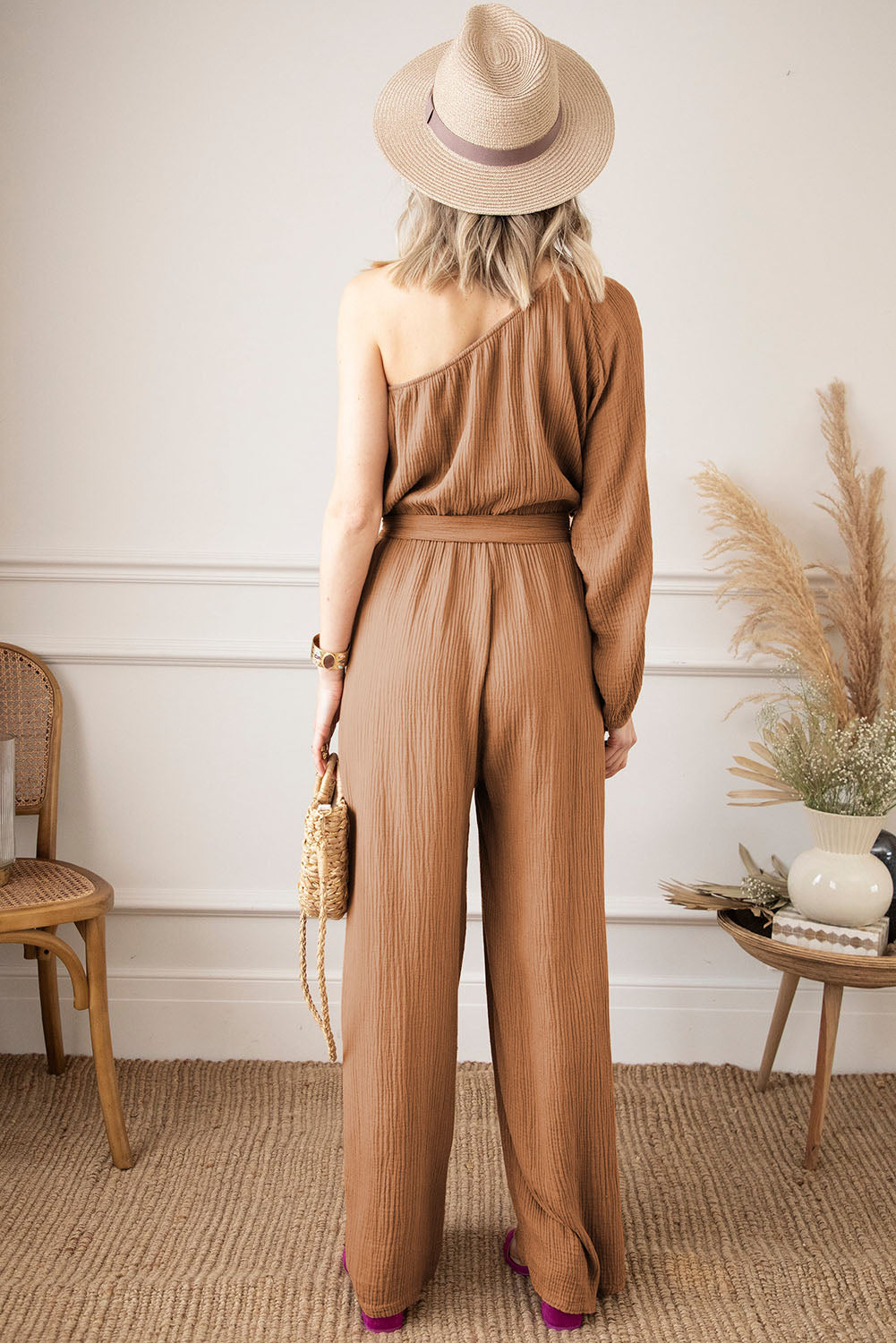 Outfit Flow - Texture Single Shoulder Tie-Waist Jumpsuit