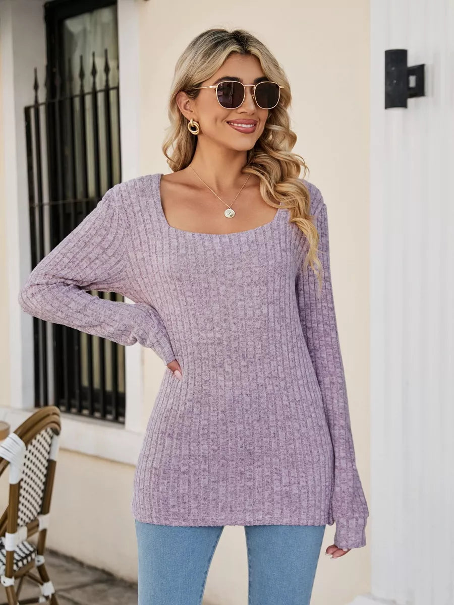 Ribbed Square Neck Long Sleeve T-Shirt Lilac Trendsi