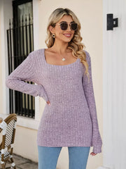 Ribbed Square Neck Long Sleeve T-Shirt Lilac Trendsi