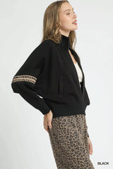 Umgee Zipper Up Cropped Jacket with Leopard Trim OutfitFlow