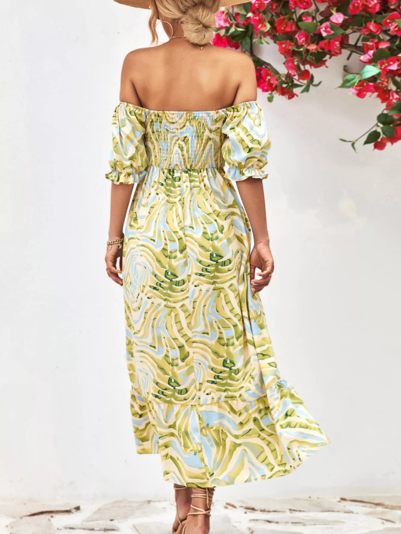 Smocked Printed Puff Sleeve Midi Dress OutfitFlow