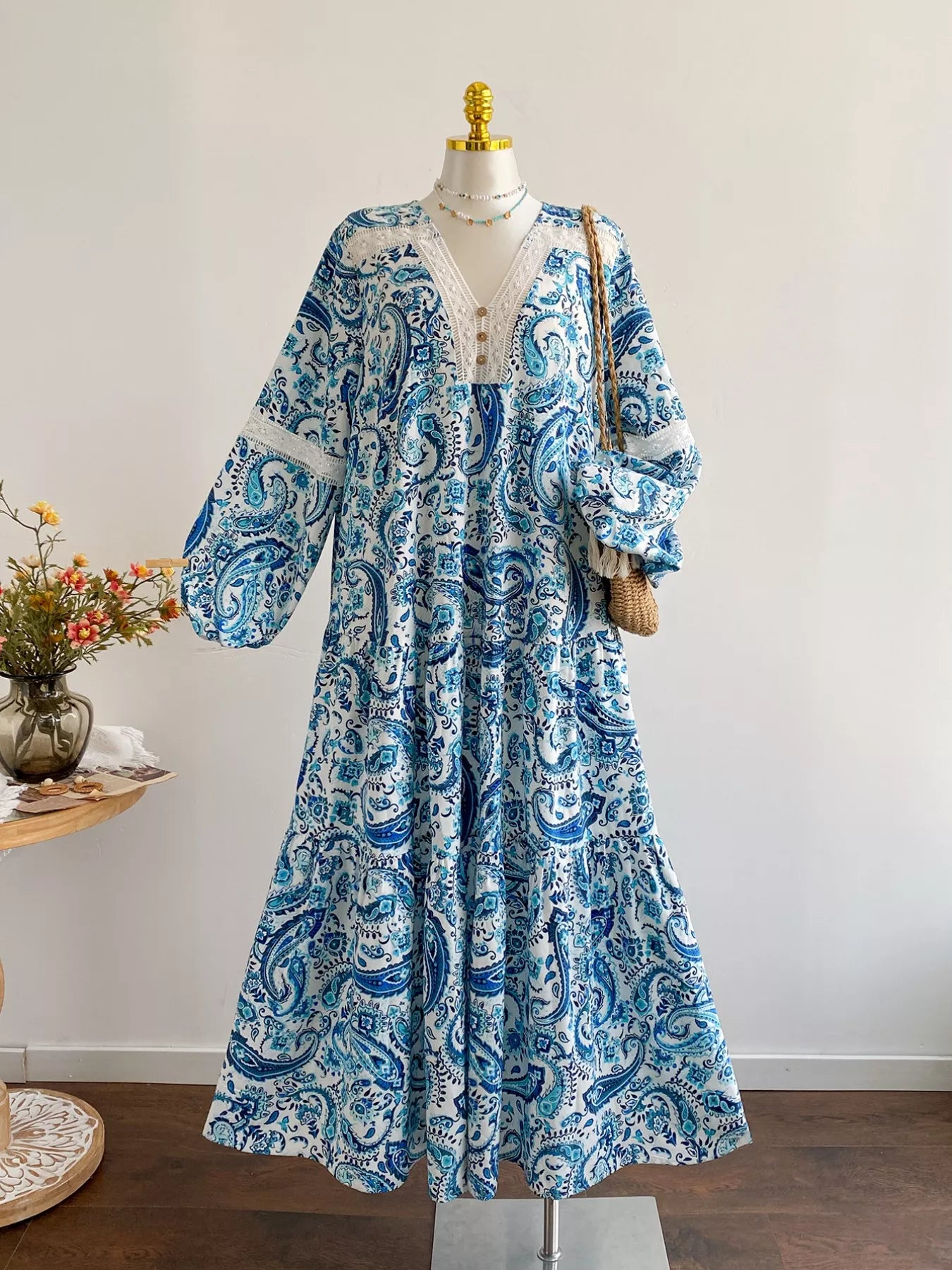 Plus Size Bohemian Paisley Print V-Neck Dress Sky Blue OutfitFlow