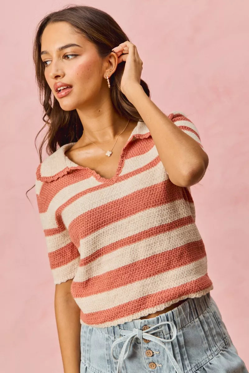 SO ME Stripe Short Sleeve Cropped Sweater CREAM PINK OutfitFlow