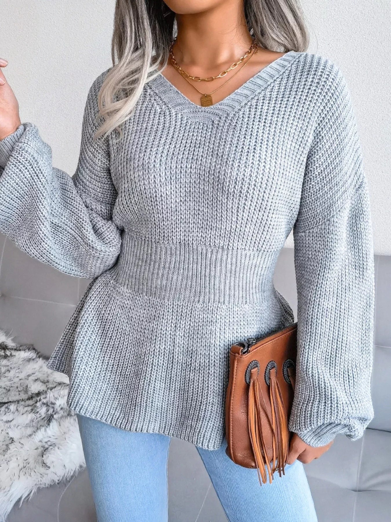 V-Neck Dropped Shoulder Sweater OutfitFlow