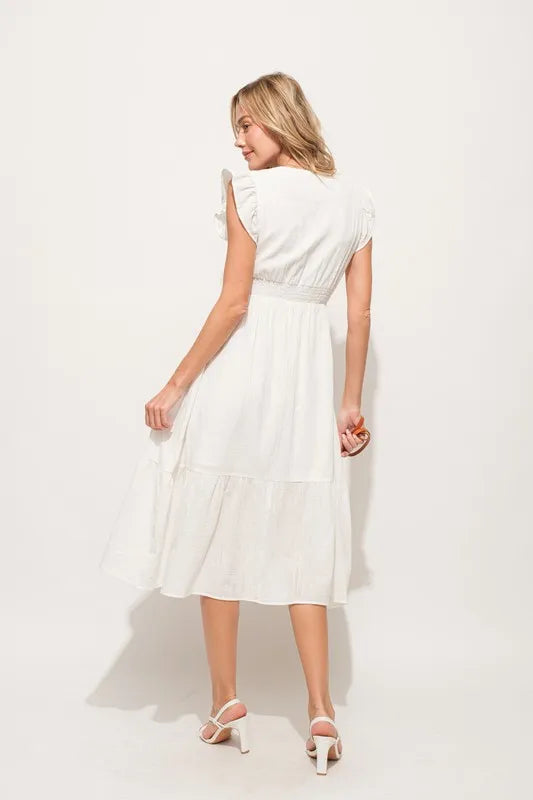 And The Why Ruffle Sleeve Front Smocked Tiered Midi Dress OutfitFlow