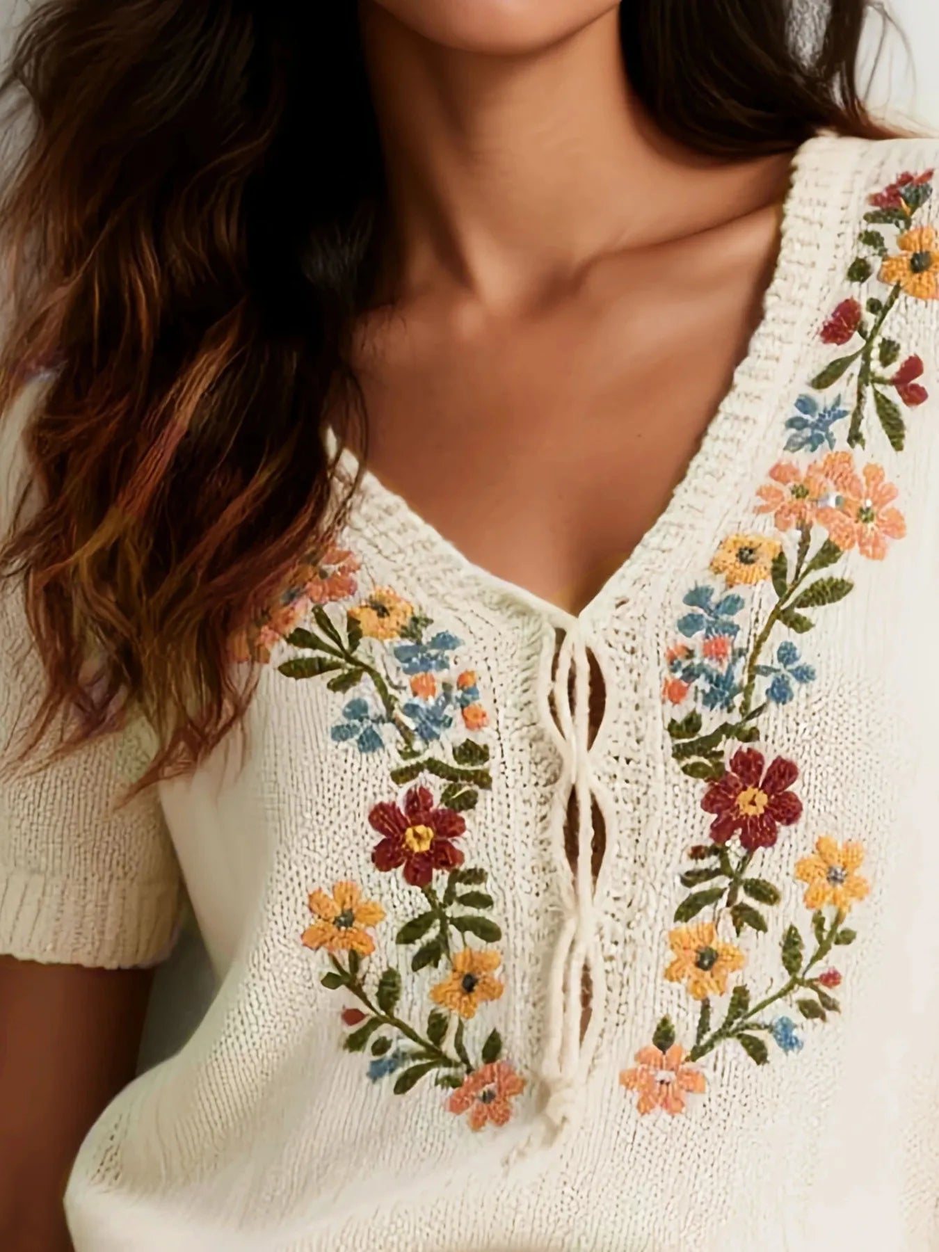 Embroidered Floral V-Neck Sweater OutfitFlow
