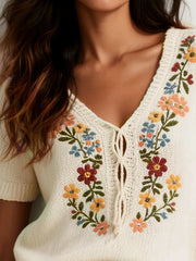 Embroidered Floral V-Neck Sweater OutfitFlow