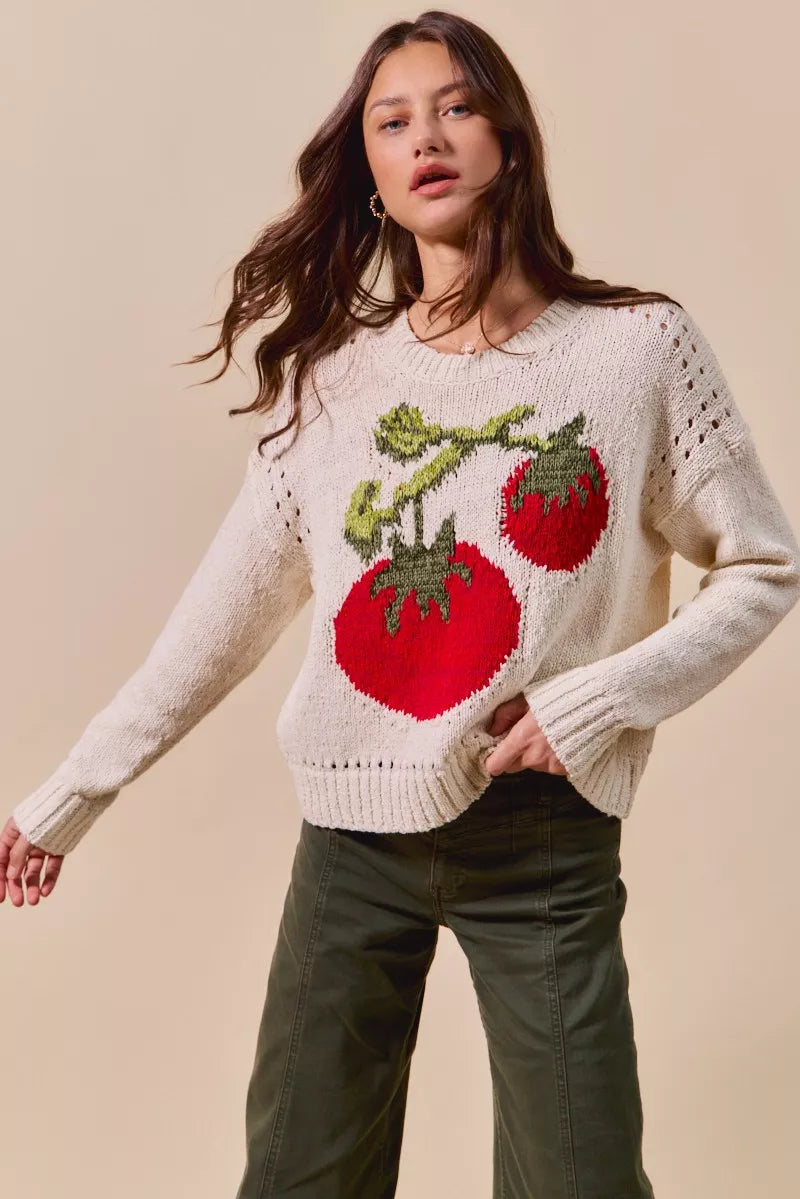 SO ME Vegetable Round Neck Long Sleeve Sweater OutfitFlow
