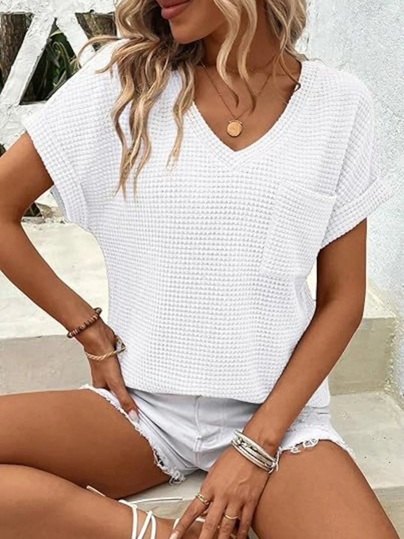 Waffle Knit V-Neck Casual T-Shirt OutfitFlow