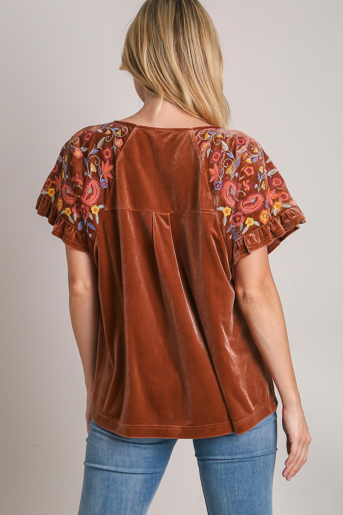 Umgee Velvet Embroidery Short Sleeve Blouse